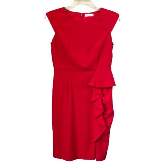 Calvin Klein Imperial Red Ruffle Sheath Cap Sleeve Dress Size 8 - Picture 1 of 12